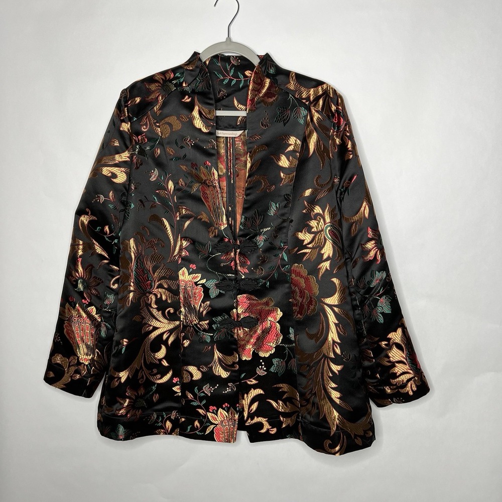 Soft Surroundings Kimono Jacket Womens Large Black Moon Dynasty Brocade Toggle